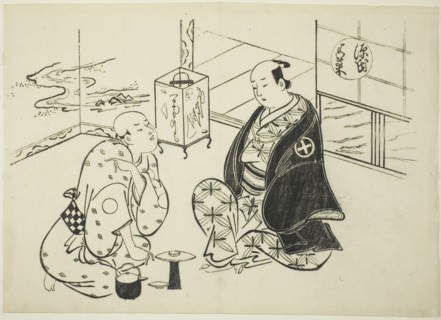 The Hahakigi Chapter from "The Tale of Genji" (Genji Hahakigi), from a series of Genji parodies, c. 1710.