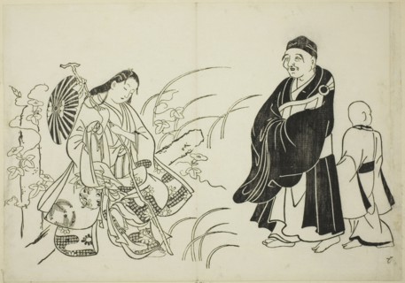 Komachi resting on a stupa, no. 6 from a series of 12 prints, c. 1708.