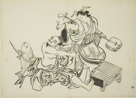 Ebisu flirting with a courtesan, no. 3 from a series of 12 prints, c. 1708.