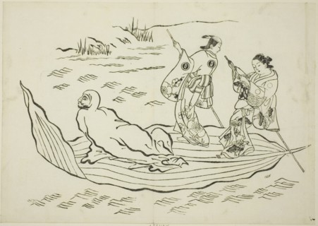 Daruma crossing the sea on a leaf, no. 7 from a series of 12 prints, c. 1708.