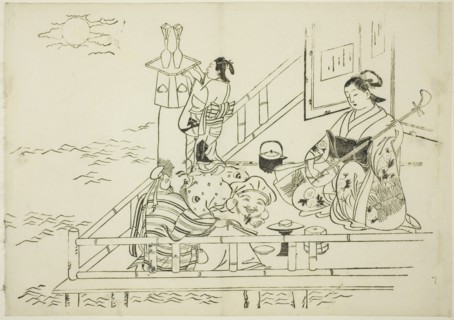 Courtesan entertaining Daikoku and Fukurokuju, no. 10 from a series of 12 prints, c. 1708.