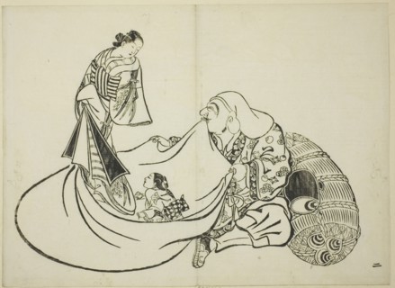 Daikoku revealing the contents of Hotei's bag, no. 2 from the series of 12 prints, c. 1708.