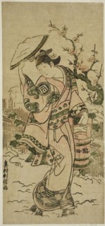 The Actor Sanogawa Mangiku as a woman walking in the snow, c. 1742.