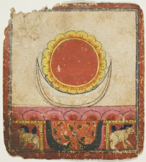 Sun, Moon and Lotus on Lion Throne, from a Set of Initiation Cards (Tsakali), 14th/15th century.