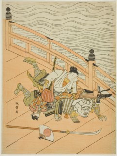 Ushiwakamaru and Benkei fighting on Gojo Bridge, c. 1767.