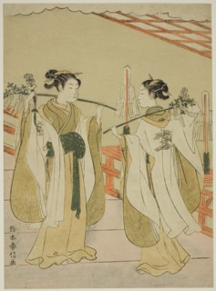 Shrine Maidens Onami and Ohatsu Dancing at Yushima Tenjin Shrine, c. 1769.