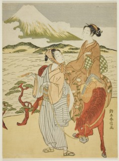 Pausing to admire Mt. Fuji (parody of Ariwara no Narihira's journey to the east), c. 1768/69.