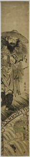 Shoki (Chinese: Zhong Kui), the demon queller, standing on a bridge, c. 1765/70.