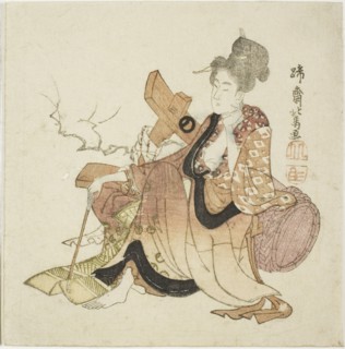 Woman leaning against wine cask, from an untitled series of Eight Immortals of the Wine Cup, early 1800s.