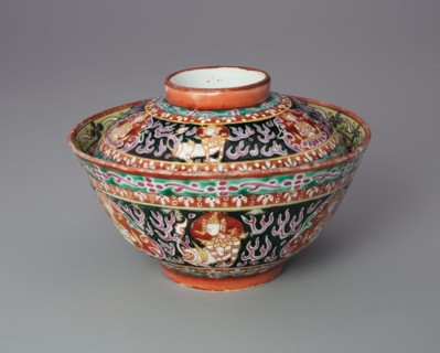 Bencharong (Five-Colored) Ware Covered Bowl with Thai Motifs, 18th century.