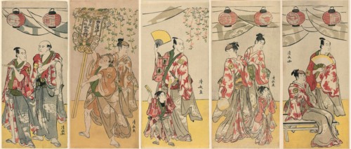 Eleven Actors Celebrating the Festival of the Shrine of the Soga Brothers, 1788. pentaptych: Arashi Ryuzo II and Ichikawa Komazo III; Azuma Tozo III and Otani Tokuji; Ichikawa Danjuro V and Ichikawa E...