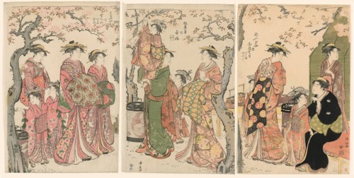 Courtesans and Their Child Attendants under Blossoming Cherry Trees, 1785. Left-hand panel: the courtesans Senzan, Yasono, and Yasoji of the Chojiya.