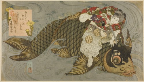Oniwakamaru subduing the giant carp, c. 1830/35.