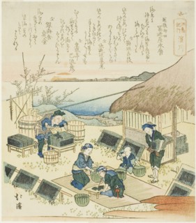 Hamagawa, from the series "A Record of a Journey to Enoshima (Enoshima kiko)", 1833. A group of people making nori (seaweed) mats for use in sushi.