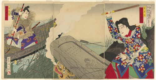 The actors Nakamura Fukusuke IV as Neiojo and Ichikawa Danjuro IX as Hachiro Tametomo, 1897.