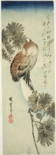 Small-horned owl, pine, and crescent moon, 1830s.