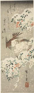 Sparrows Flitting about Snow-covered Nandina as More Snow Falls, c. 1840.