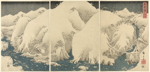 Mountains and Rivers on the Kiso Road (Kisoji no yamakawa), from an untitled series of triptychs, 1857.