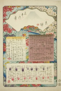 Title page for the series "Thirty-six Views of Mount Fuji (Meisho sanjurokkei)", 1859.
