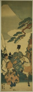 Ariwara no Narihira passing Mount Fuji on his journey to the East, c. 1845/46.