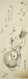Mandarin ducks crossing icy pond amid falling leaves, 1830s.