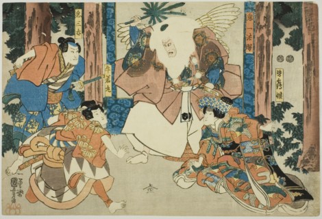 Actors as Ushiwakamaru, Kisanta, Kiichi Hogen, and Minazuru-hime, c. 1847/52.