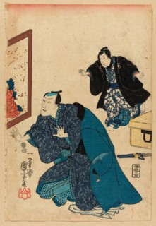 Ichikawa Danjuro VII before a screen decorated with peonies, c. 1847/52.