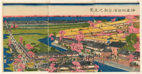 Panoramic View of the Pleasure Quarters in Yokohama, Kanagawa (Kanagawa Yokohama hanakuruwa no kokei), 1860.