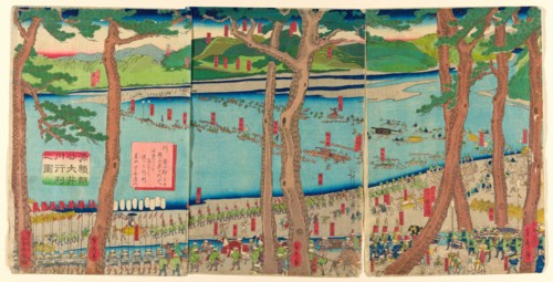 Procession of Minamoto no Yoritomo across the Oi River (Minamoto Yoritomo ko Oikawa gyoretsu zu), 1863. Entourage of the Shogun Minamoto no Yoritomo.