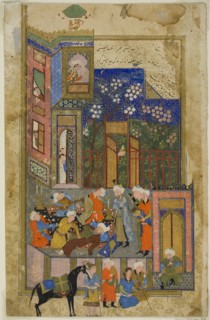 Judge (Qazi) of Hamadan in a Drunken State, a scene from the Gulistan of Sa'di, about 1550.