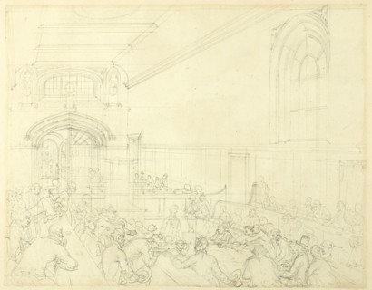 Study for Guild Hall, Examination of a Bankrupt Before His Creditors, from Microcosm of London, c. 1808.