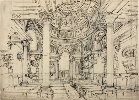 Study for Walbrook Church (recto); Sketches of Sailboats, Men and Dinghies (verso), 1807 (recto); c. 1807 (verso).