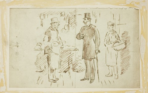 Gent in Tall Hat Addressing Butcher, n.d.