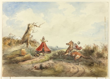 Horse with Rider Shying Away From Woman with Dog, c. 1860.