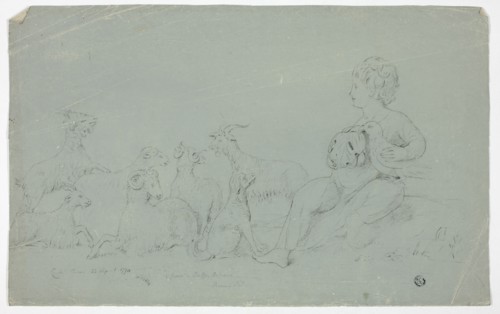 Antique Bas-Relief with Seated Boy Holding Falcon and Accompanied by Dog, Sheep, and Goats, 1774.