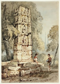 Two Figures Beside Medieval Ruins, with Church in Distance, n.d.