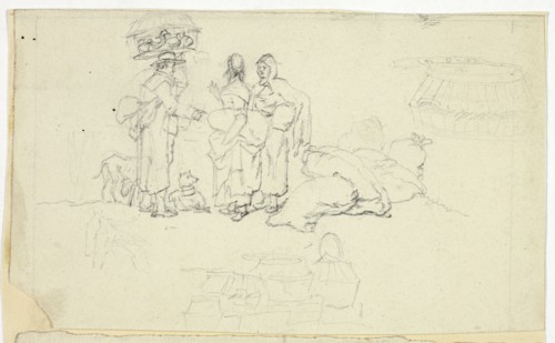 Figures with Market Goods and Three Sketches, n.d.