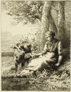 Shepherd with Flock of Sheep at Edge of Wood, n.d.