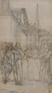 Literary Illustration: Man with Sword Confronting Group of Figures Before Building, n.d.