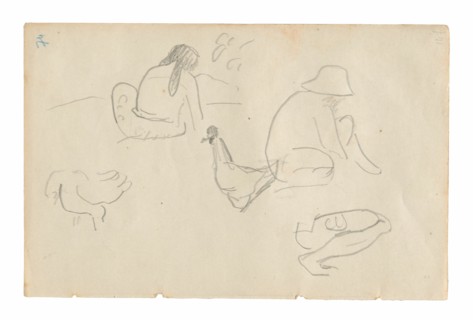 Sketches of Seated Figures and Chickens (recto), Nude Female Torso (related to the painting Te a no areois [The Seed of the Areoi]) (verso), from the Carnet de Tahiti (Tahitian sketchbook), 1891/93.