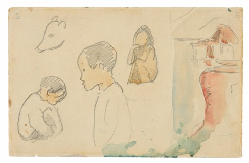 Sketches of Crouching and Standing Figures, a Pig, and a Hut at Water’s Edge, 1891.