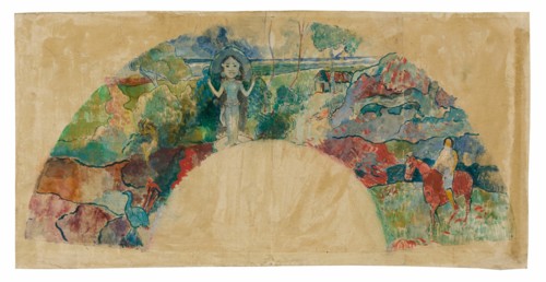 Design for a Fan Featuring a Landscape and a Statue of the Goddess Hina, 1900/03.