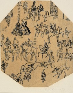 Sheet of Sketches: Hounds, Riders, Ladies. Architectural Elements, Insects, n.d.