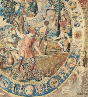 July, from The Medallion Months, Brussels, before 1528. Harvest scene with Runcina, the goddess of weeding or mowing in Roman mythology. In the circular frame are the signs of the zodiac. In the four ...