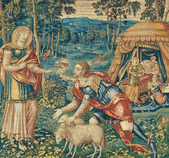 The Meeting of Jacob and Rebecca, and Isaac Blessing Jacob, from The Story of Jacob, Brussels, 1560/68. Woven at the workshop of Jan van Tieghem. Detail from a larger artwork.