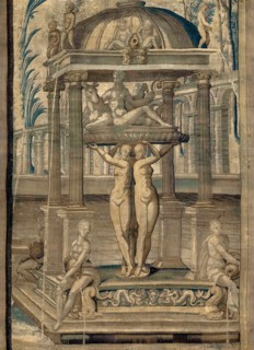 The Petitions (detail), France, 1607/30. Fountain featuring urinating cherubs, the goddess Diana and a a stag. Woven at the Manufacture du Faubourg Saint-Marcel, Paris, after a design by Antoine Caron...