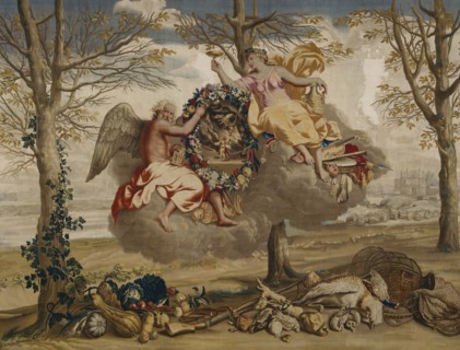 Winter, from The Seasons, Paris, 1700/20. Saturn (god of agriculture and time) and Juventas (cupbearer to the gods on Mount Olympus) floating on a cloud. Below are winter vegetables, a gun, nets and g...