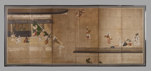 Six-fold screen depicting acrobats performing before a rich household, early - mid-17th century. Creator: Unknown.