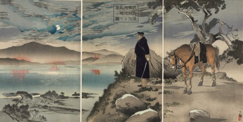 Picture of our scout reconnoitring the enemy encampment near the Yalu River, 1894. Creator: Kobayashi Kiyochika.
