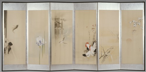 Six-fold screen depicting creatures and flowers of the twelve months, 1900. Creator: Watanabe Seitei.